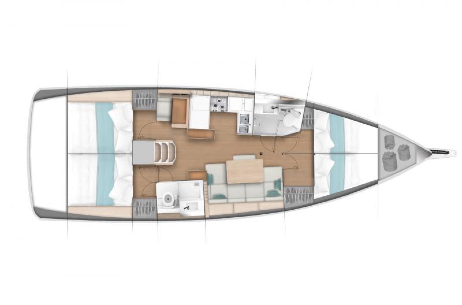 Sun Odyssey 440 deck plan — 4 cabins, 8 berths